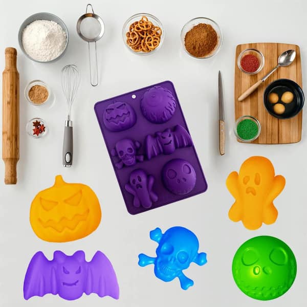 Halloween Party 6-Cavity 3D Cartoon Food-Grade Silicone Baking Molds with Nonstick Flexible Easy Release, 2-Pack