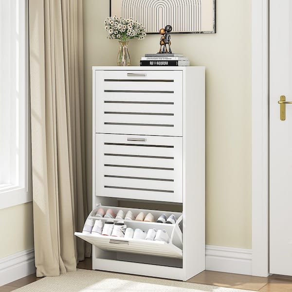 Modern Shoe Cabinet with 3-Flip Drawers, Freestanding Shoe Storage Cabinet, Shutter Design White Shoe Storage Organizer