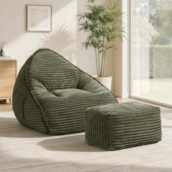 Walker 41.34 in. Armless 2-piece Fabric Bean Bag Sectional Sofa in Moss Green with Ottoman and Side Pocket