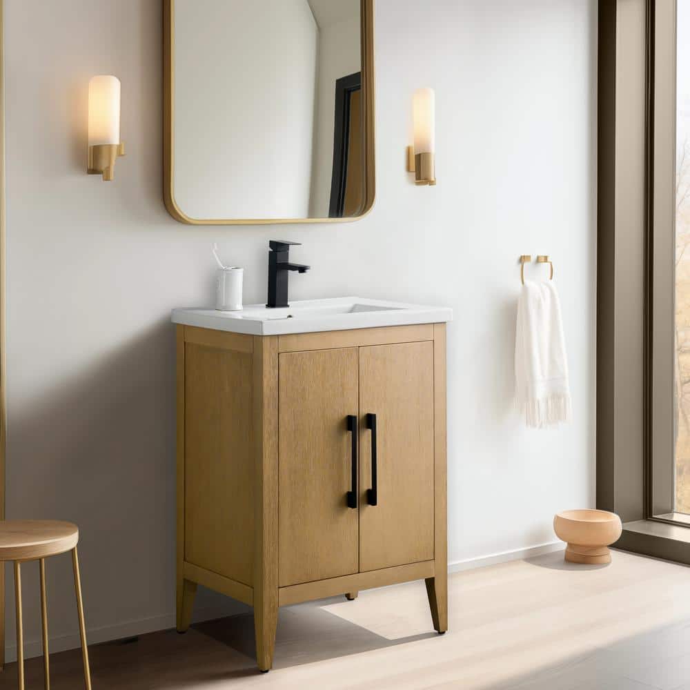 Natural Oak and Matte Black 24" Single Bathroom Vanity with Ceramic Top