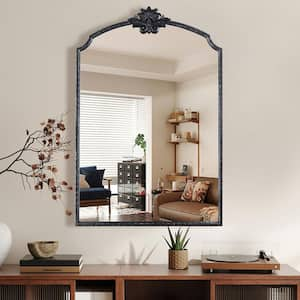 24 in. W x 36 in. H Arched Framed Floating Bathroom Vanity Mirror in Retro Black Carved Finshed