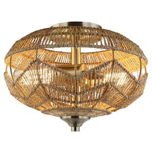 Leonie 13 in. Indoor 2-Light Brushed Gold-Colored Iron and Hemp Semi Flush Mount Ceiling Light