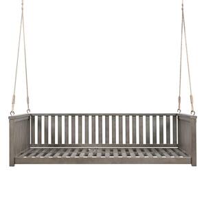 Wood Patio Minimalist Twin Size Garden Swing Bed Wood Porch Swing with Ropes for Backyard, Safe Sloped Design, Gray