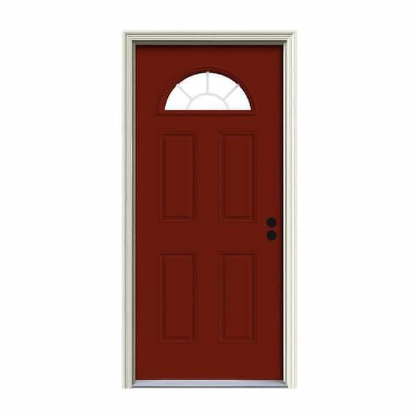 JELD-WEN 30 in. x 80 in. Fan Lite Mesa Red Painted Steel Prehung Left-Hand Inswing Front Door w/Brickmould