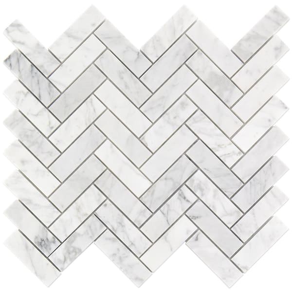 Ivy Hill Tile White Carrara Herringbone 4 in. x 0.39 in. Polished Marble Stone Mosaic Wall Tile Sample