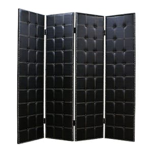 Black 4 Panel Wooden Screen with Button Tufting and Nailhead Trims