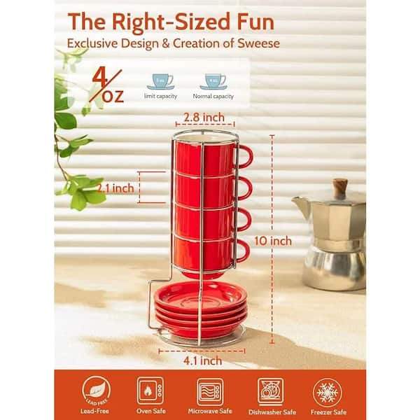 Anqtovp 4 oz. Red Porcelain Stackable Espresso Cups with Saucers