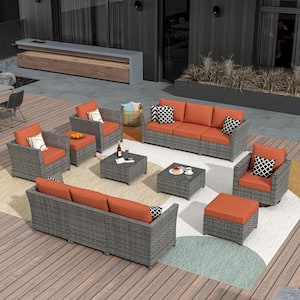 Bexley Gray 13-Piece Wicker Patio Conversation Seating Set with Orange Red Cushions and Swivel Chairs