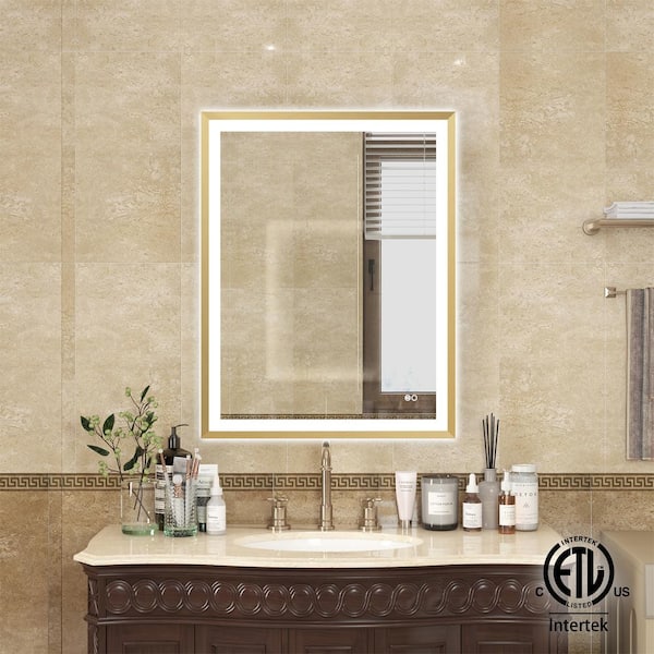 ANGELES HOME 28 in. W x 36 in. H Rectangular Framed Backlit Front Light Slope Wall Mounted LED Bathroom Vanity Mirror in Brushed Gold