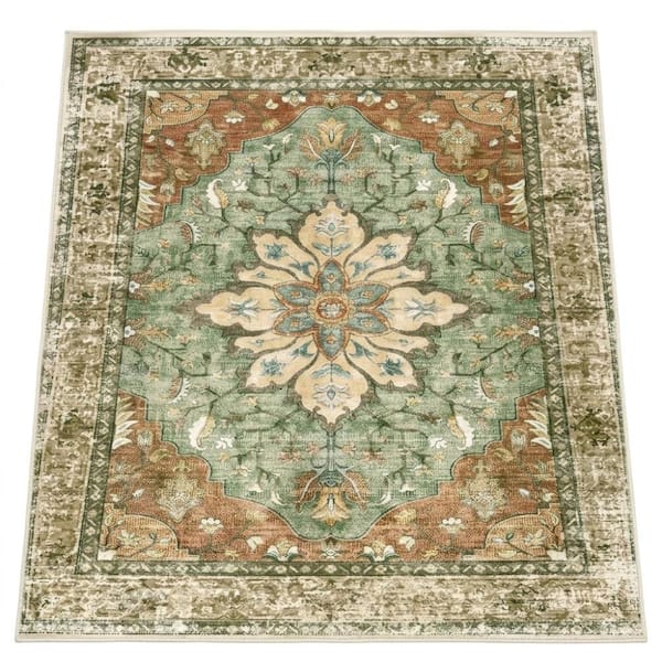 5'x7' Washable Non-Slip Vintage Floral Medallion Area Rug, Multi Color Indoor Carpet