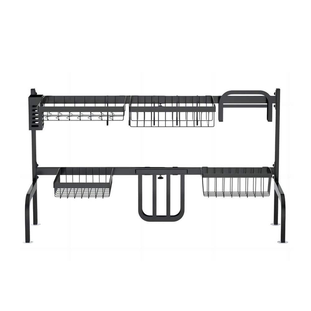 Adjustable Black Steel Over Sink Dish Drying Rack with Hooks