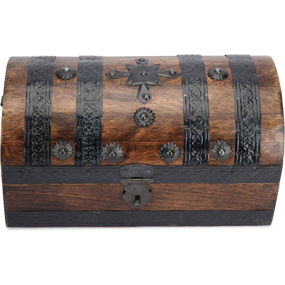 Handcrafted Medium Brown Mango Wood Pirate Treasure Chest Jewelry Box