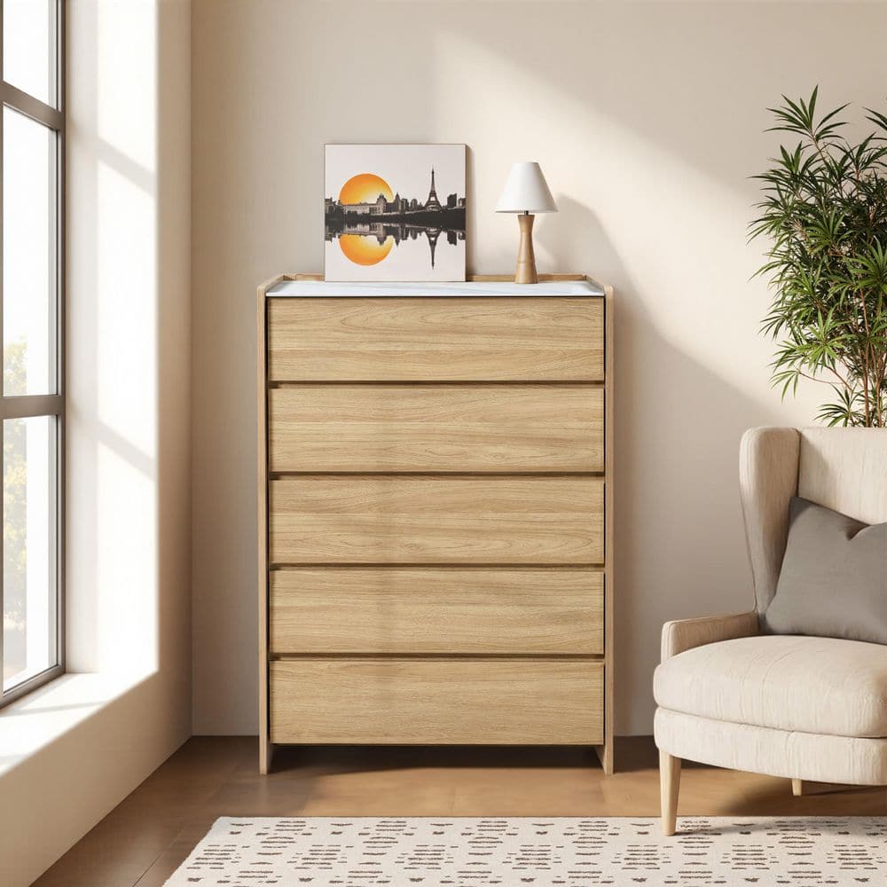 Hazel Oak 47.2 in. Tall 5-Drawer Chest with Raised Sides, Faux Marble Top, Durable Manufactured Wood price history on PriceWatchPro