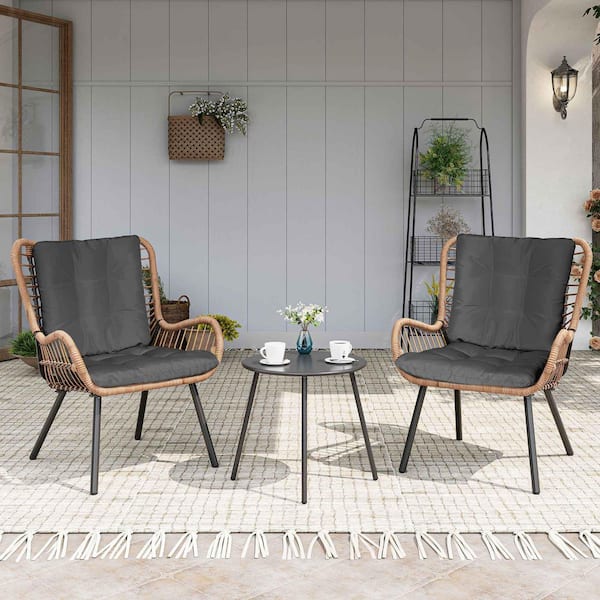 Brown 3-Piece Wicker Patio Conversation Set with Gray Cushions, High Back Design & Coffee Table