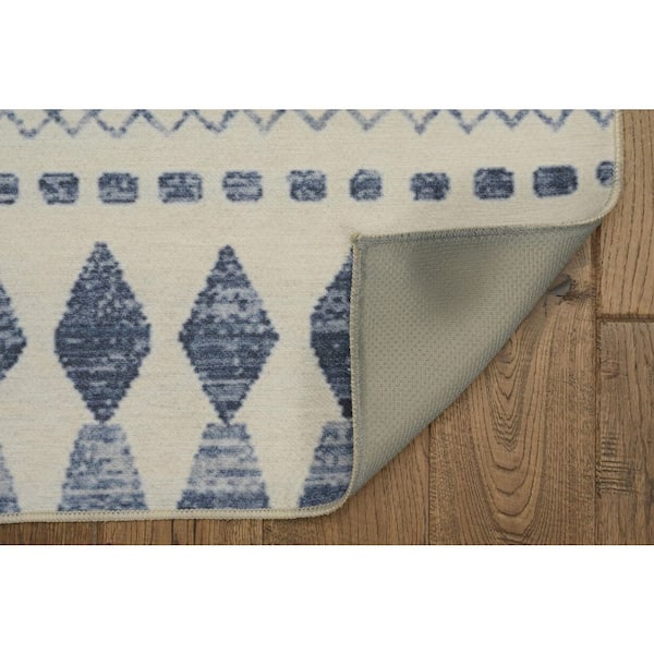 Marcy Ivory and Blue 3 ft. W x 5 ft. L Washable Polyester Indoor/Outdoor Area Rug