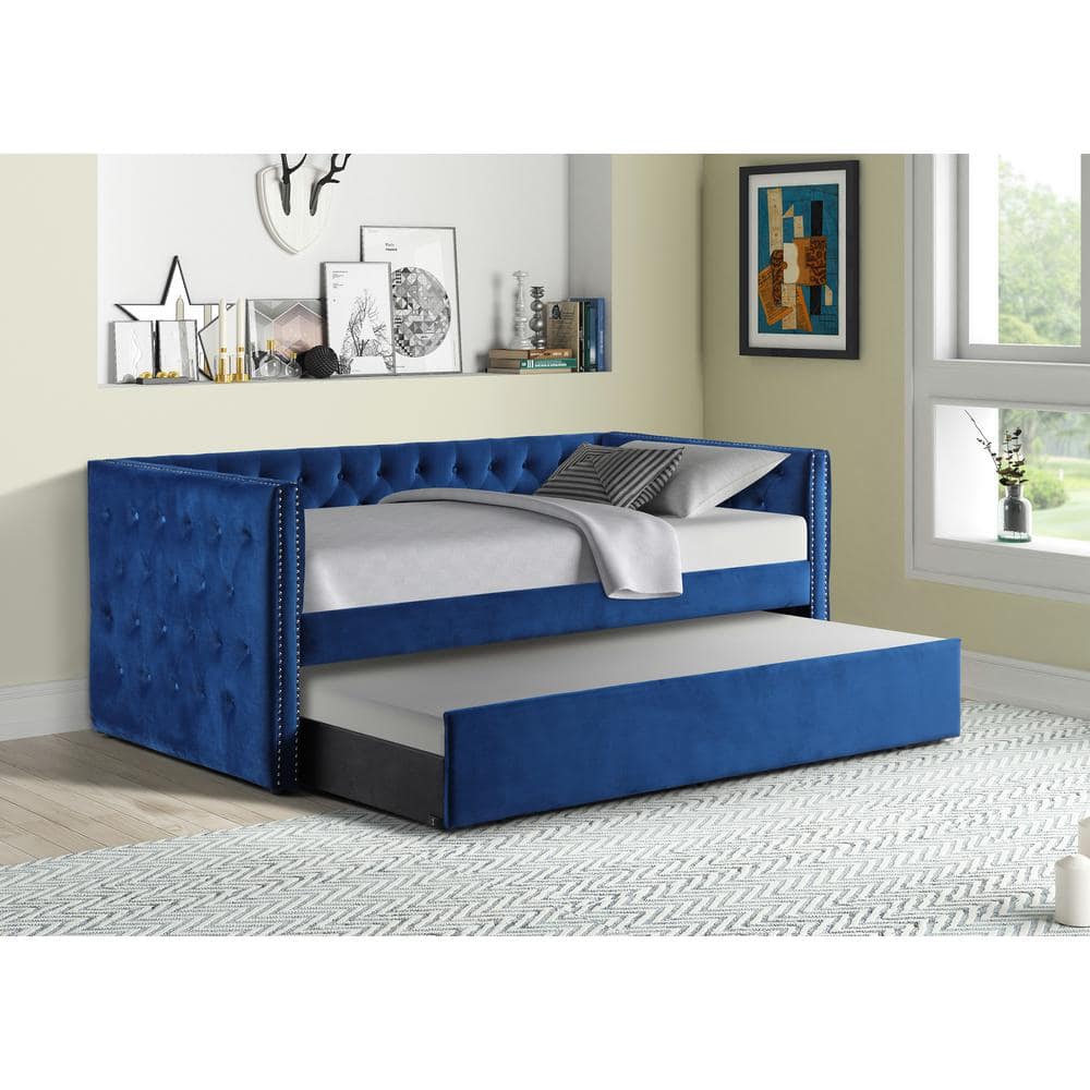Nikora Blue Upholstered Twin Daybed with Tufted Headboard