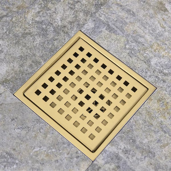 Satico Stainless Steel Square Shower Floor Drain with Square Pattern Drain Cover, Brushed Gold