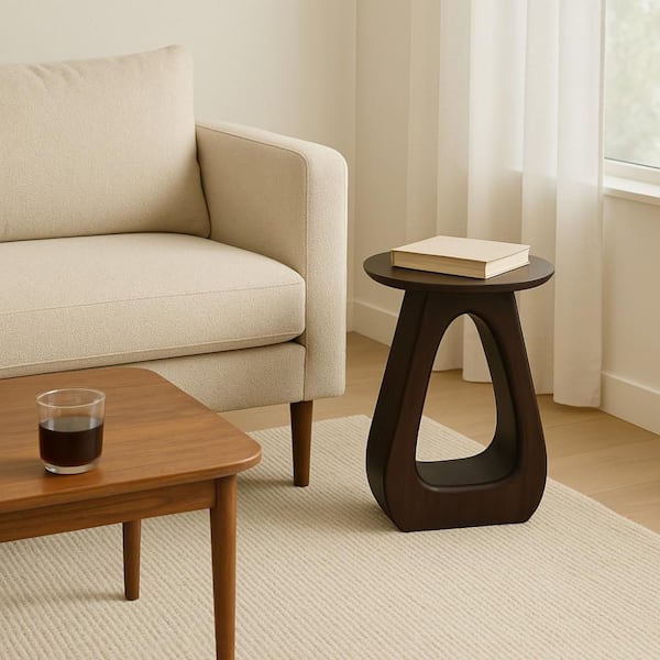 Brown 16 in. Round Wood Iron End Table with Modern Cut-out Base