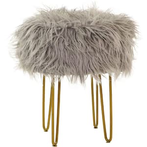 Gray Faux-Fur Vanity Stool with Gold Base