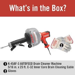 K-45AF-5 Drain Cleaning Autofeed Snake Auger Machine with C-1 5/16 in. x 25 ft. Inner Core Cable, Gloves + 5 Pc Tool Set