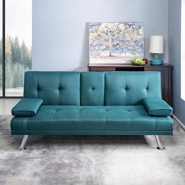 MAYKOOSH 65.75 in. Square Arm Linen Rectangle Convertible Sofa in Teal
