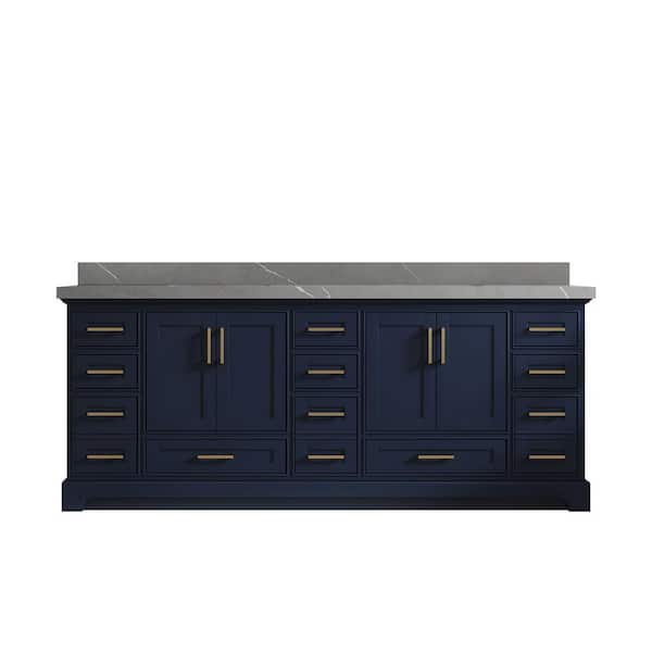Willow Collections Fenway 84 in. W x 22 in. D x 36 in. H Double Sink Bath Vanity in Navy Blue with 2" Piatra Quartz Top