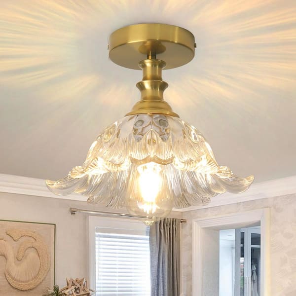 BeamHaven 1-Light Semi-Flush Mount Vintage Ceiling Lights Fixture with Clear Flower Glass for Porch Kitchen Dining Room