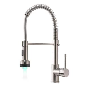 Stainless Steel Contemporary Single Handle Spring Pull Down Sprayer Kitchen Faucet with LED Light in Brushed Nickel
