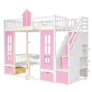 Twin-Over-Twin Bunk Bed with Changeable Table, Bunk Bed Turn into Upper Bed and Down Desk with 2-Drawers, Pink