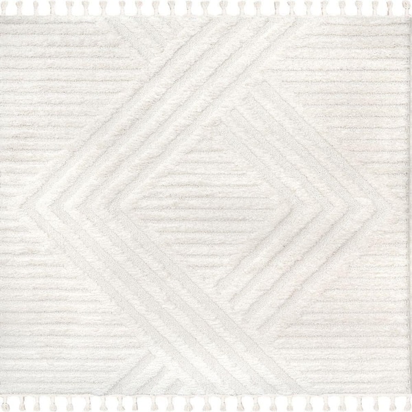 Risette Geometric Shag Tassel Beige 7 ft. 10 in. x 10 ft. Area Rug