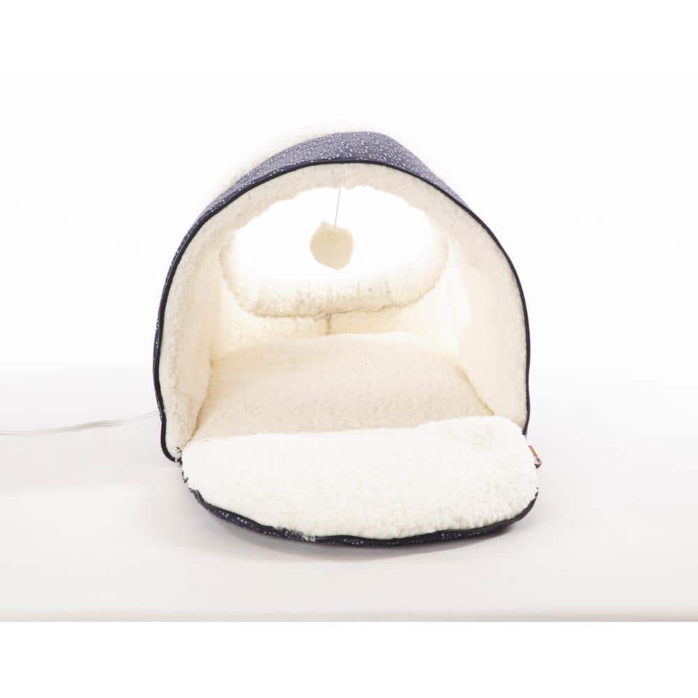 Navy Geo Flower Heated Cat Cave with Fleece Interior