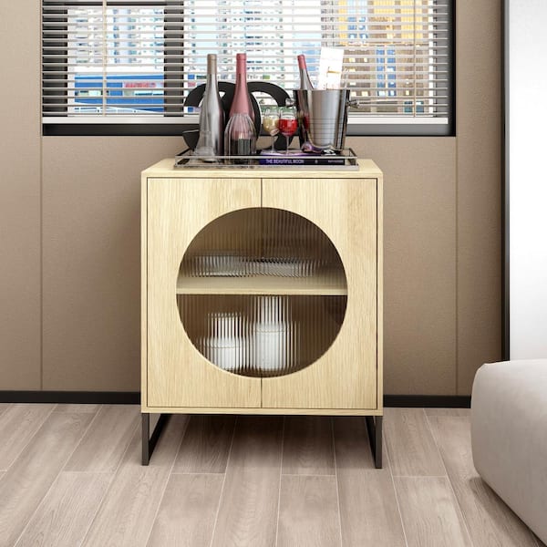 Unbranded Natural Wood 26.85 in. W Storage Cabinet Sideboard with 2-Glass Door Adjustable Shelf Anti-toppling Metal Legs