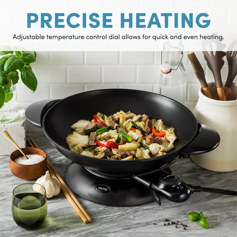 Aroma 5-Quart Black Electric Wok with Glass Lid
