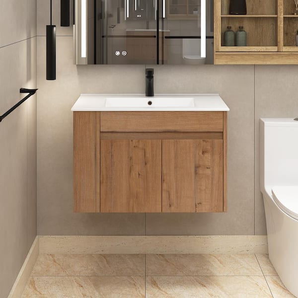 Staykiwi 30 in. W x 18.5 in. D x 20 in. H Floating Bath Vanity in Imitative Oak with White Ceramic Basin