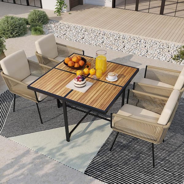 5-Piece Wicker Outdoor Dining Set Patio Rectangular Table and Chairs Furniture Set with White Cushions