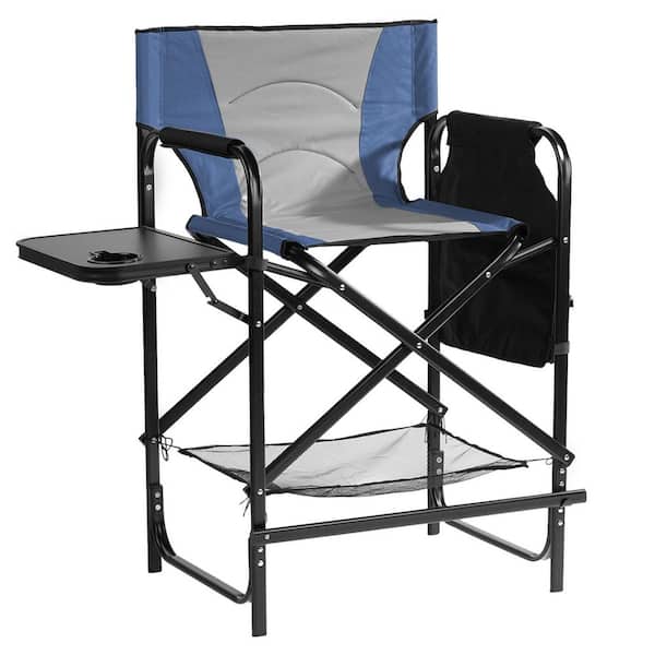31 in. Navy Iron Pipe Folding Director Chair with Built-in Cup Holder, Side Table, Storage Pocket
