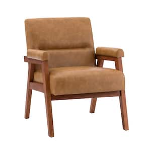 Aoibox Dark Brown PU and Wood Mid-Century Arm Chair with Extra-Thick Padded Backrest and Seat Cushion