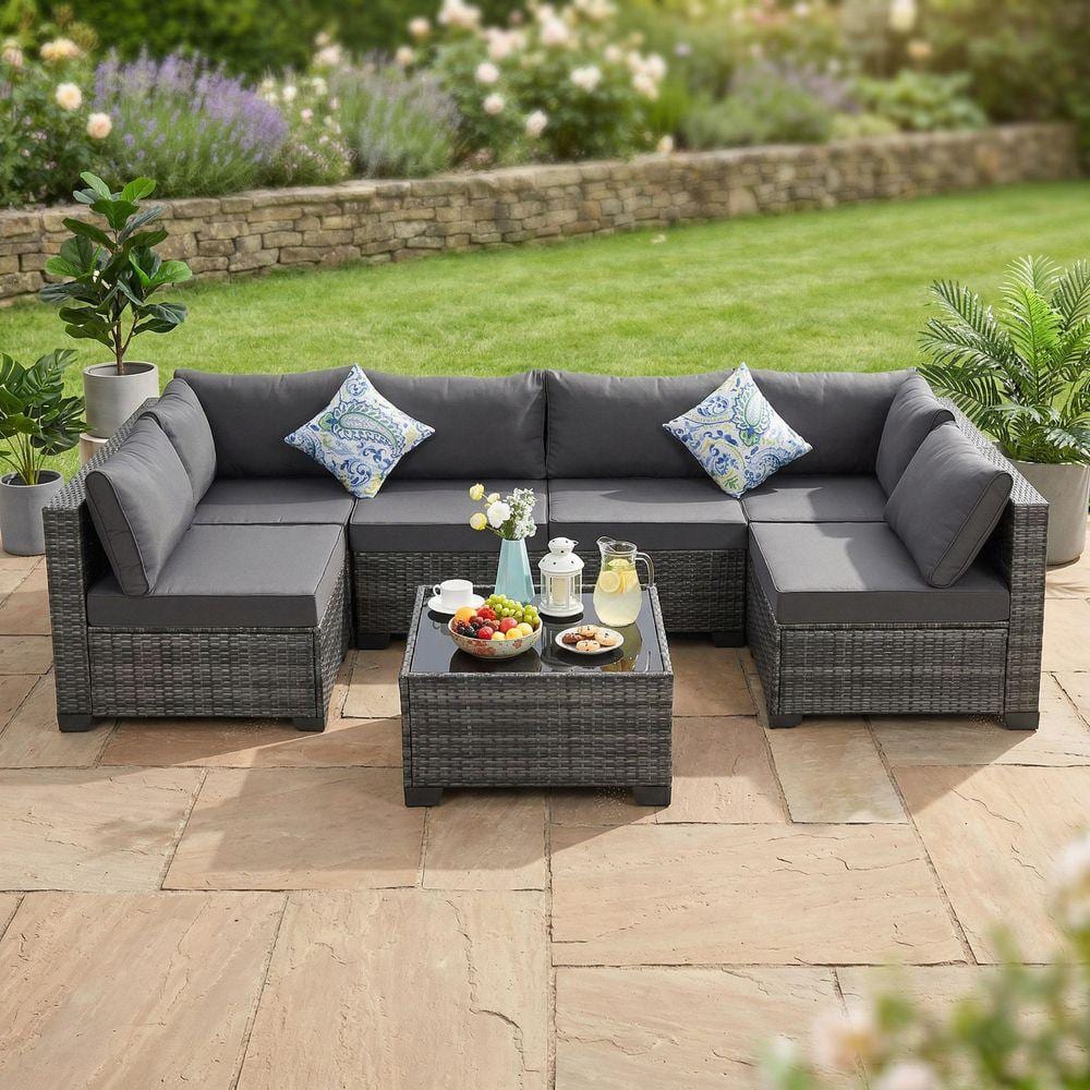 Grey 7-Piece All-Weather Wicker Outdoor Sectional Set, Patio