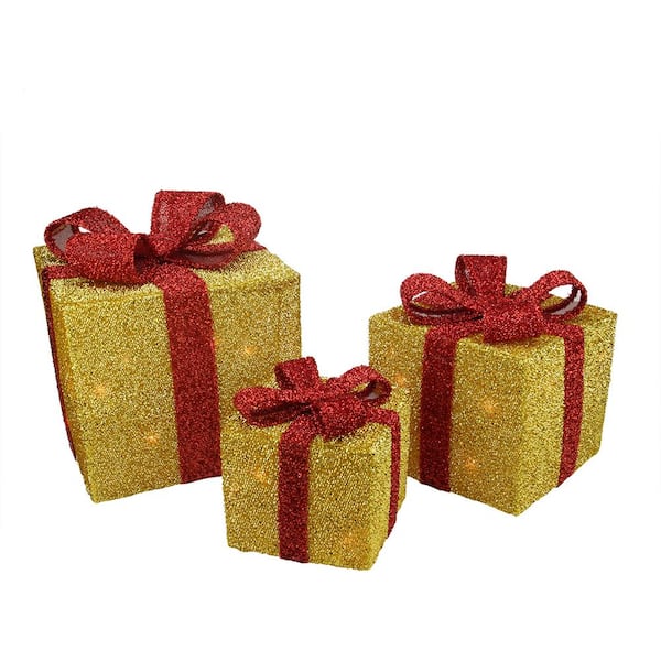 Set of 3 Gold Tinsel Gift Boxes with Red Bows Lighted Christmas Outdoor Decorations