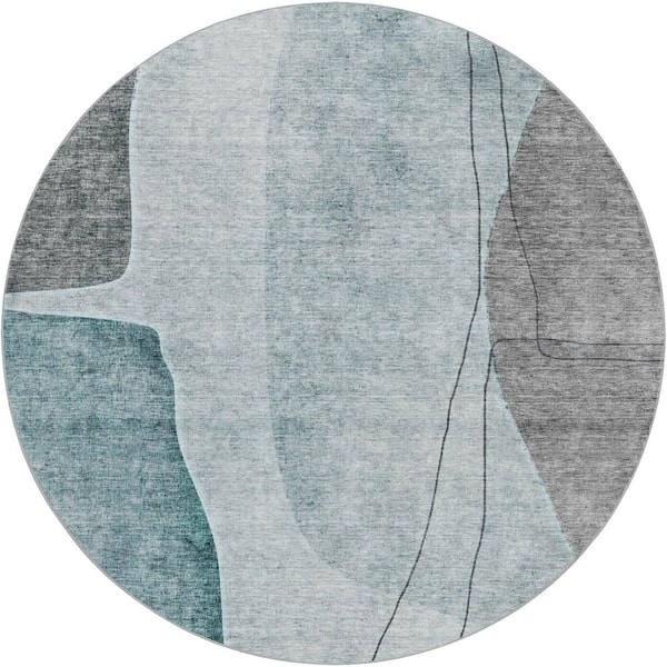 Dream Shag Premium Machine Washable Abstract ADS696 Teal 8 ft. x 8 ft. Round Rug
