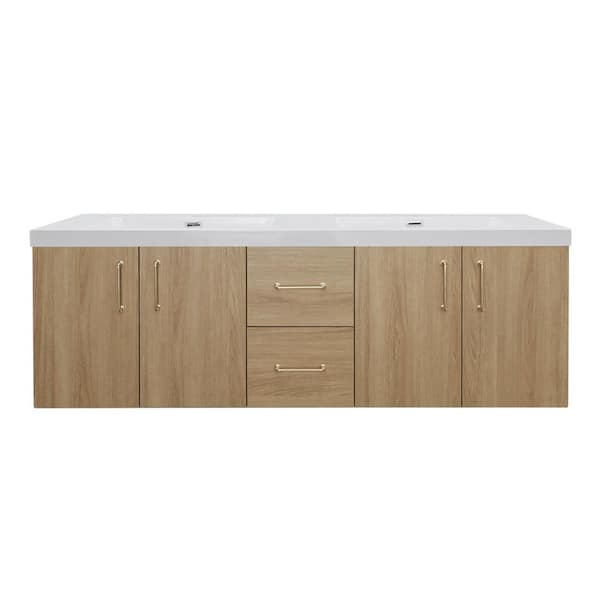 MinimalGrace 60 in. Double Sink Floating Oak Bath Vanity with White Resin Top