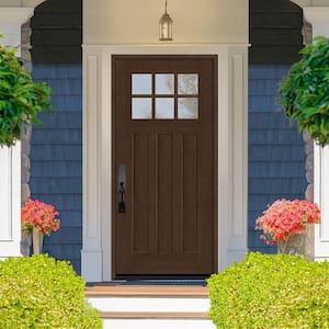 Regency 32 in. x 80 in. 6-Lite Top Lite Clear Glass RHIS Hickory Stain Mahogany Fiberglass Prehung Front Door