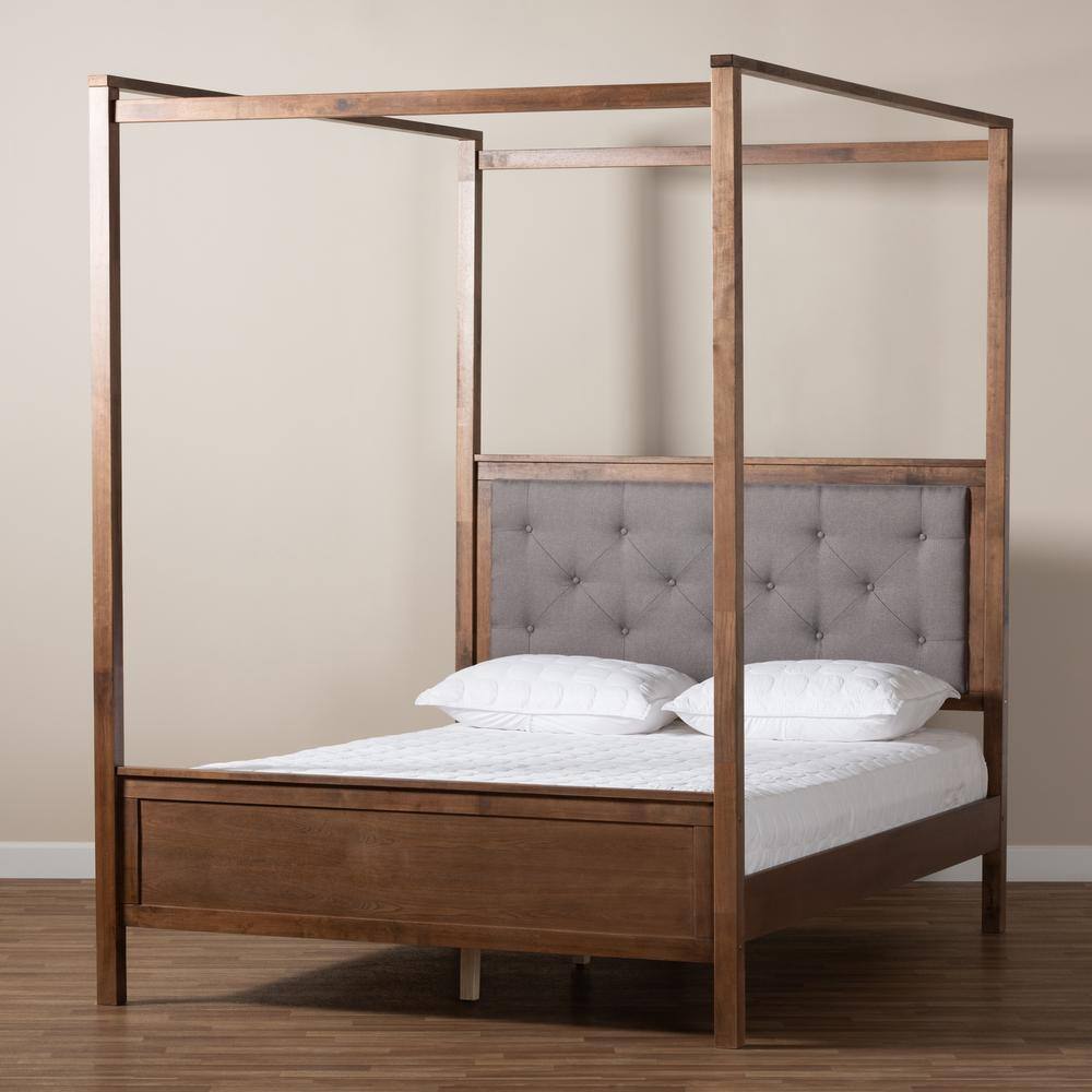 Luxurious Gray Tufted Queen Platform Bed with Walnut Wood Frame