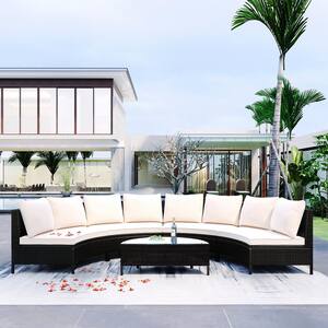Brown 5-Pieces Half-Moon Shape PE Rattan Wicker Conversation Set with Tempered Glass Table and Beige Cushions