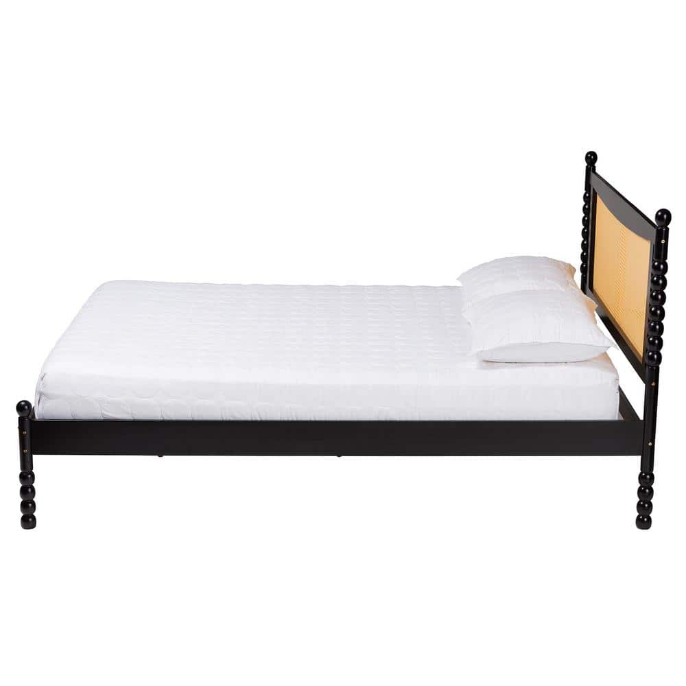 Okena Black Wood Queen Platform Bed with Woven Rattan Headboard