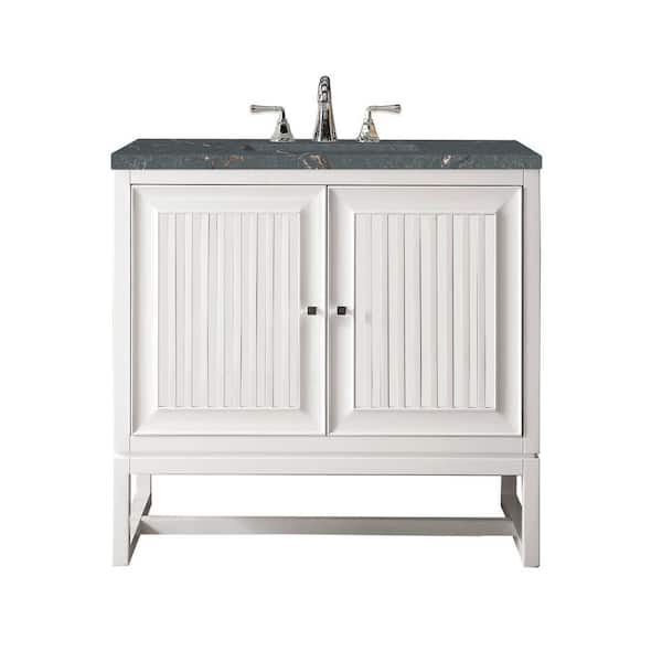 James Martin Vanities Athens 36.0 in. W x 23.5 in. D x 34.5 in. H Single Bathroom Vanity Glossy White and Parisien Bleu Quartz Top
