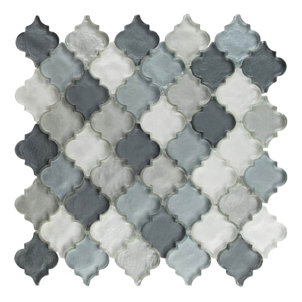 Grandio Arabesque 11.5 in. x 11 in. Polished Myst Blue Glass Mosaic Tile Sa