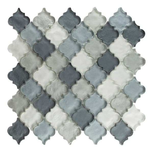 ANDOVA Grandio Arabesque 11.5 in. x 11 in. Polished Myst Blue Glass Mosaic Tile Sample