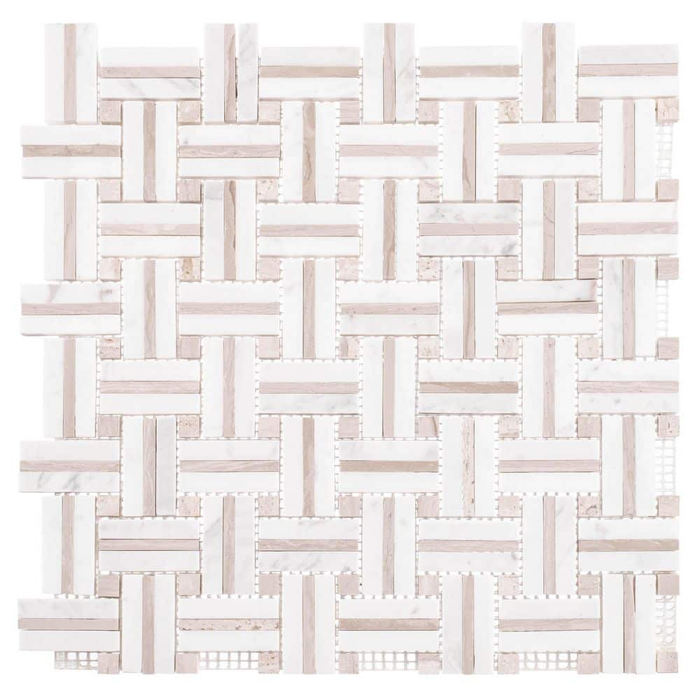 Fabrique 1" x 2" White and Gray Natural Stone Basketweave Mosaic Tile