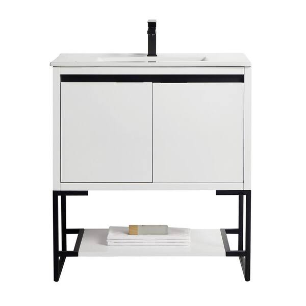 WELLFOR Matte White 30 in. Wash Basin and Bathroom Cabinet without LED Mirror